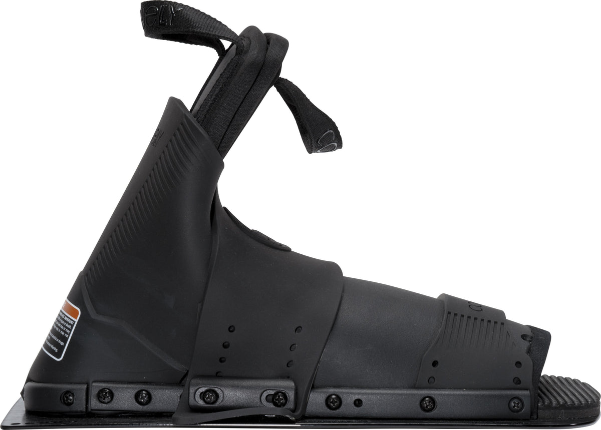 Side view of the front Stoker binding in black, featuring an open-toe design with adjustable straps and a sturdy baseplate.