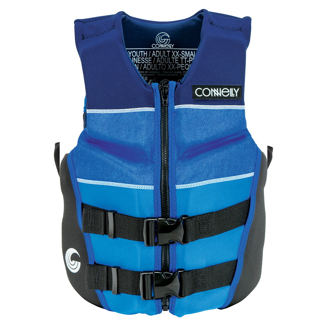 Front view of Junior Classic Neo life vest in dark blue with a zippered front, two black buckle straps, and a comfortable fit.