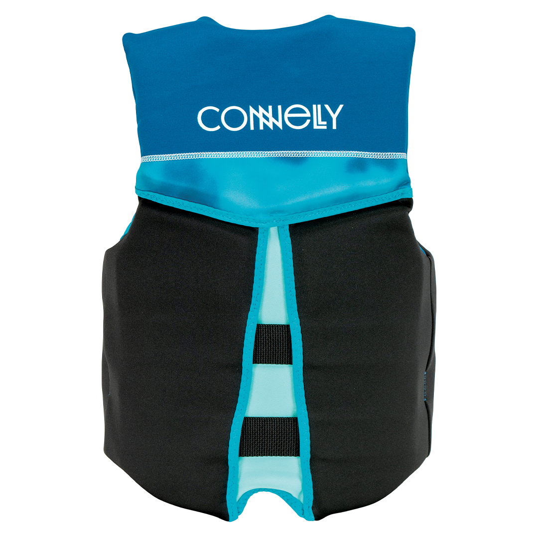 Back view of Junior Classic Neo life vest with a blue and black design, white logo, and segmented panels.