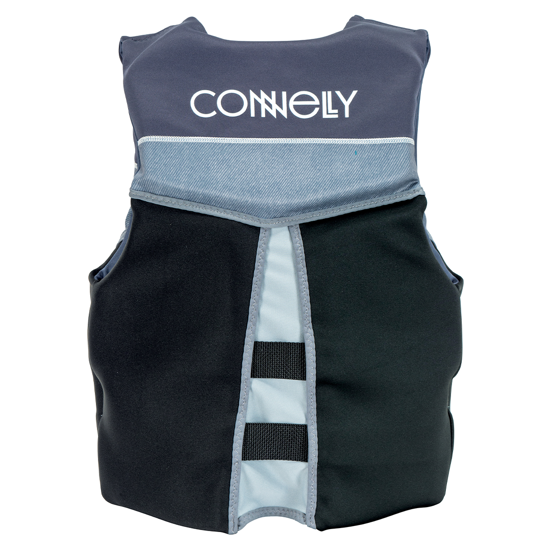 Back view of the Men's Classic Neo life vest in blue and black, featuring a large logo, segmented padding, and a tapered fit.