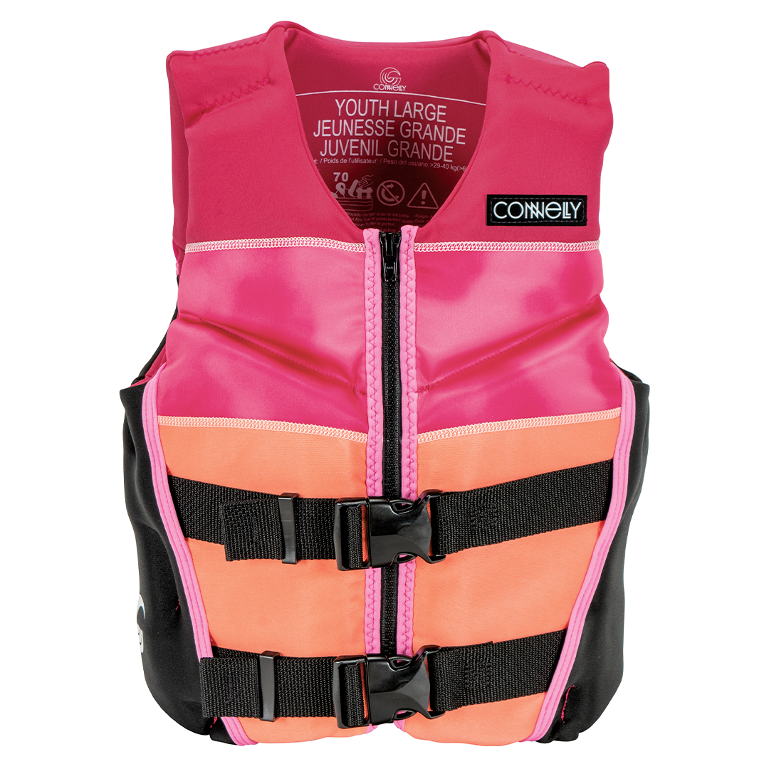Front view of the Youth Classic Neo vest in pink and orange with black buckles and side panels in large size.
