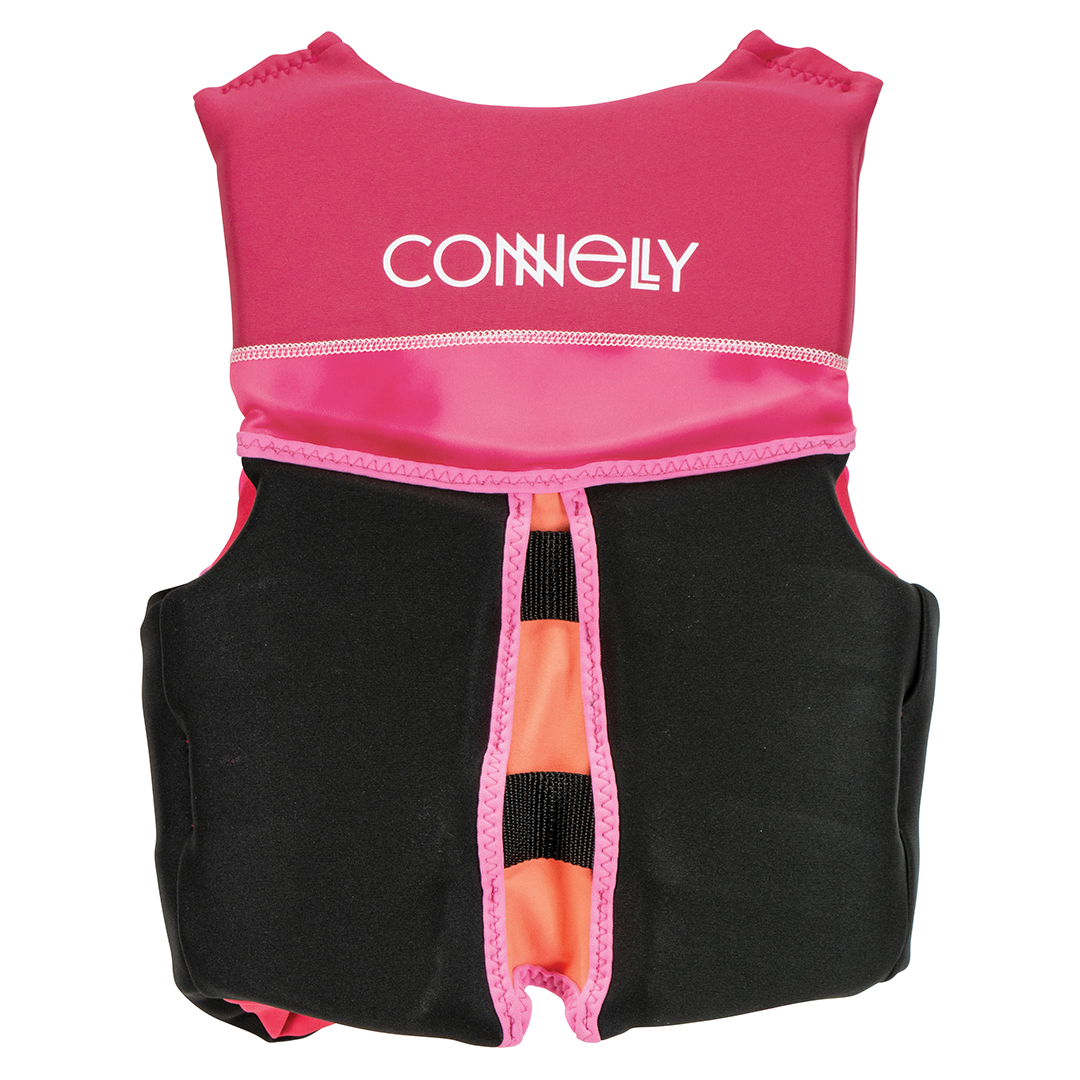 Back view of the Youth Classic Neo vest in pink and black with a safety strap at the bottom.