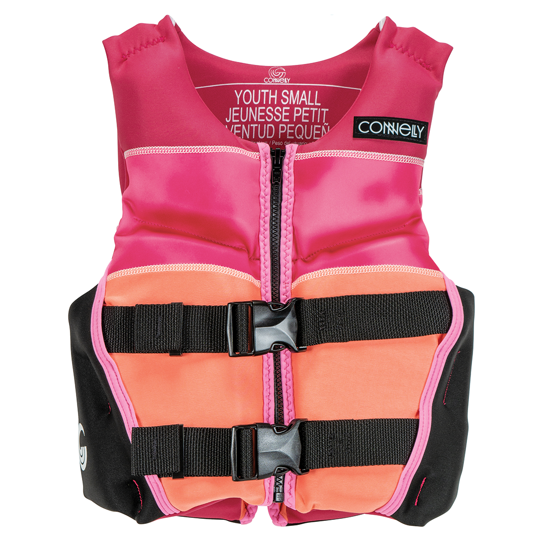 Front view of the Youth Classic Neo vest in pink and orange with black buckles and side panels.