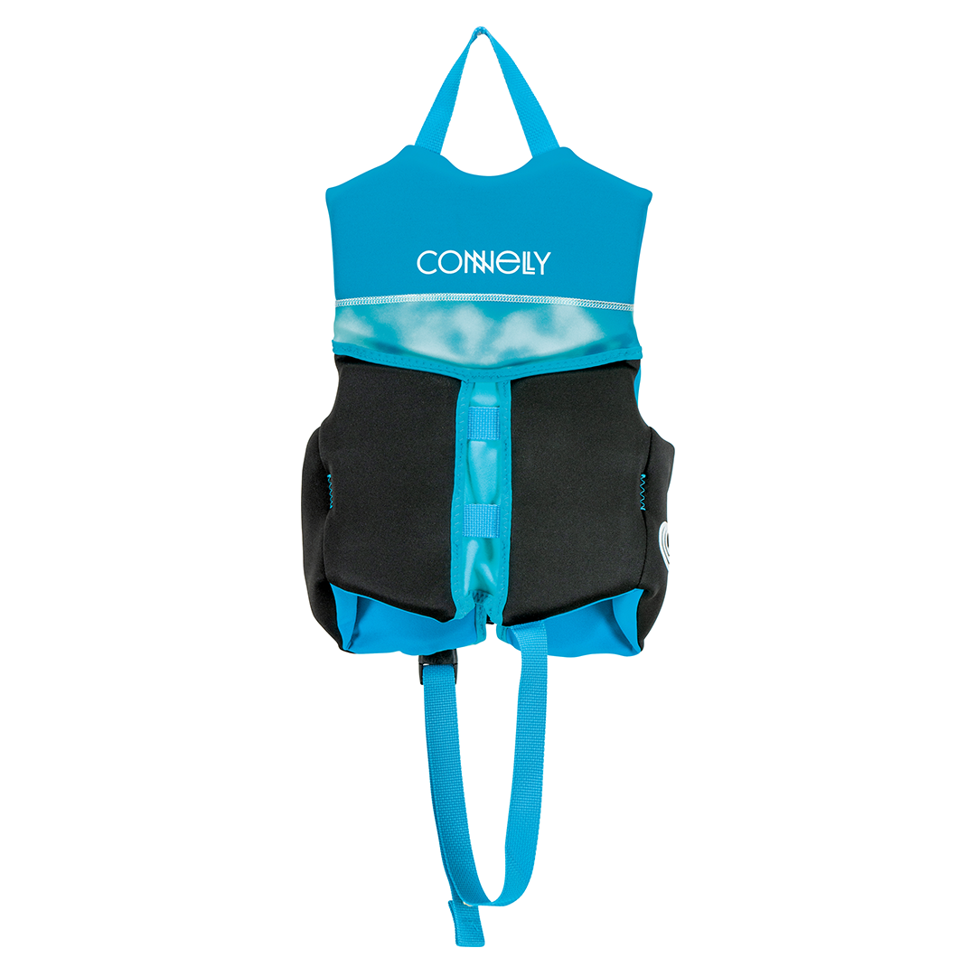 Back view of the Child Classic Neo life vest in light blue and black, with a grab handle and an adjustable safety strap.