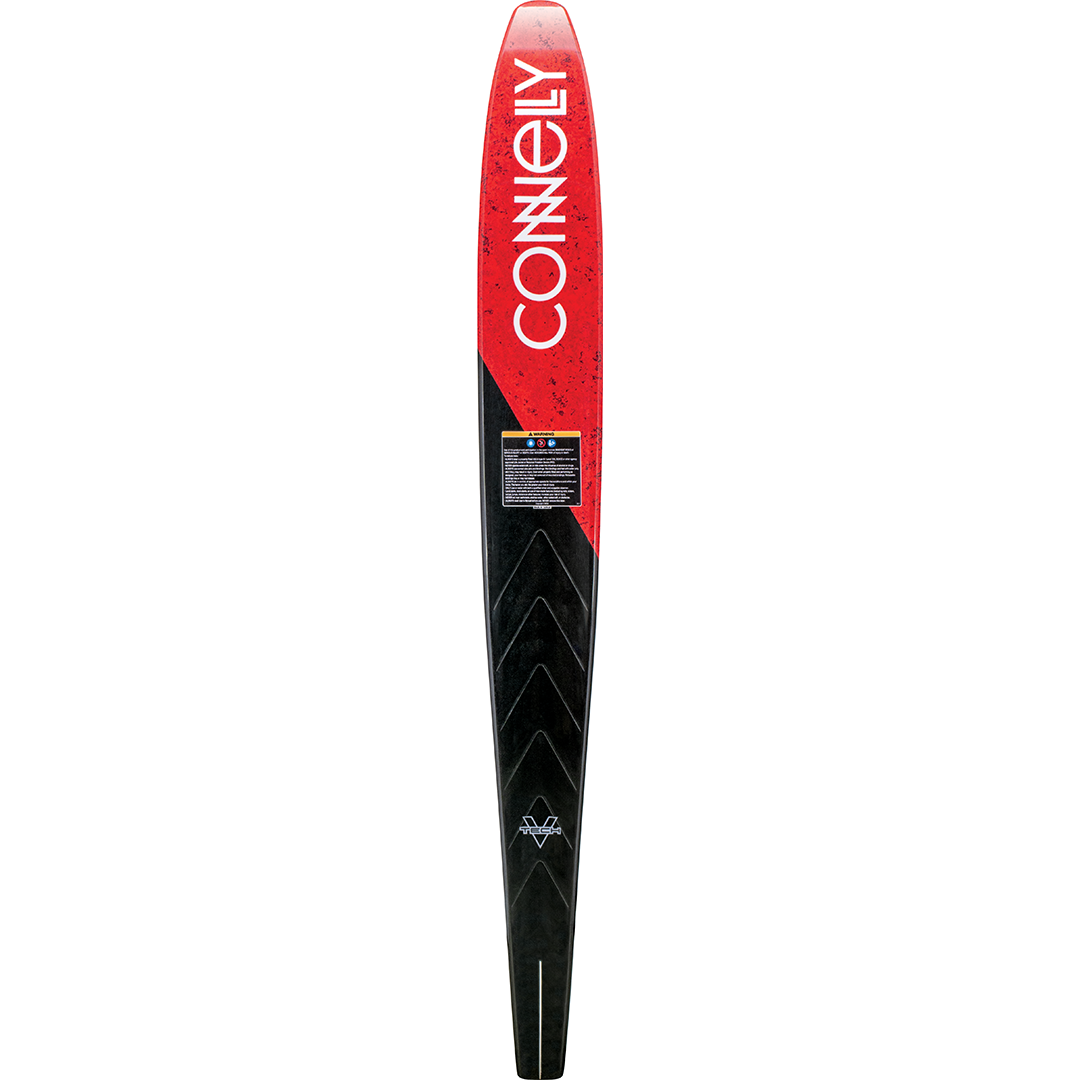Base view of the Connelly Aspect water ski, featuring the red and black design with the Connelly logo.