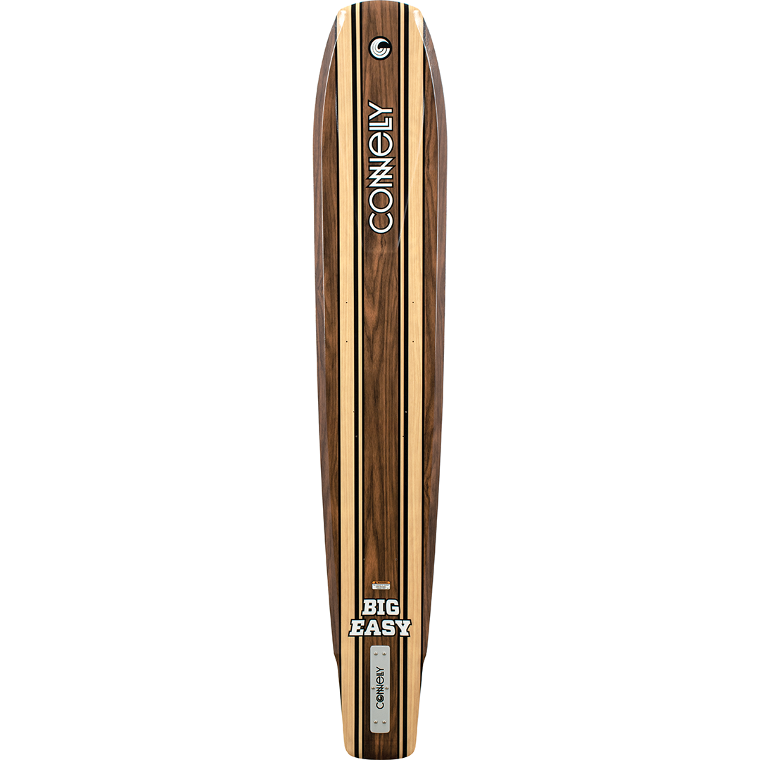 Top view of the Connelly Big Easy ski, showcasing its sleek woodgrain design with black and yellow stripe accents.