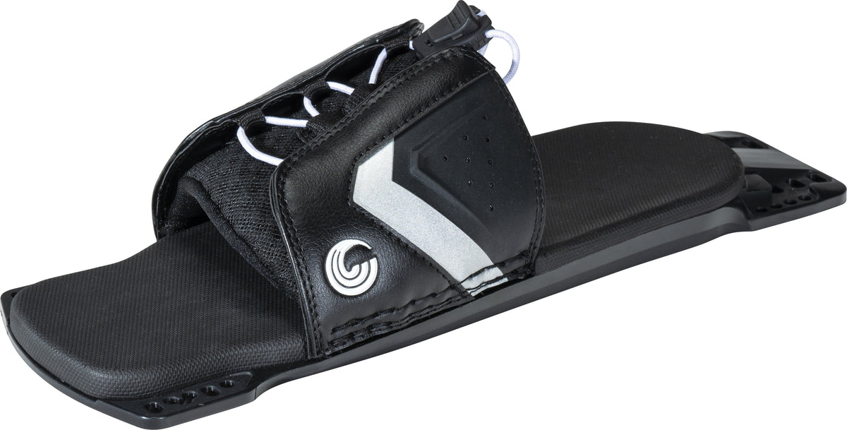 Angled left view of the Lace Adjustable RTP, showing the black and silver foot strap, perforations, and lace closure.