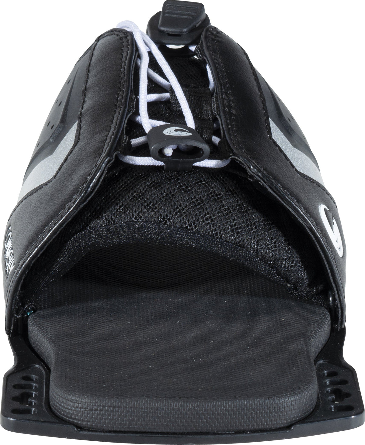 Front view of the Lace Adjustable RTP, an open-toe black design with a lace-tightening system and padded footbed.