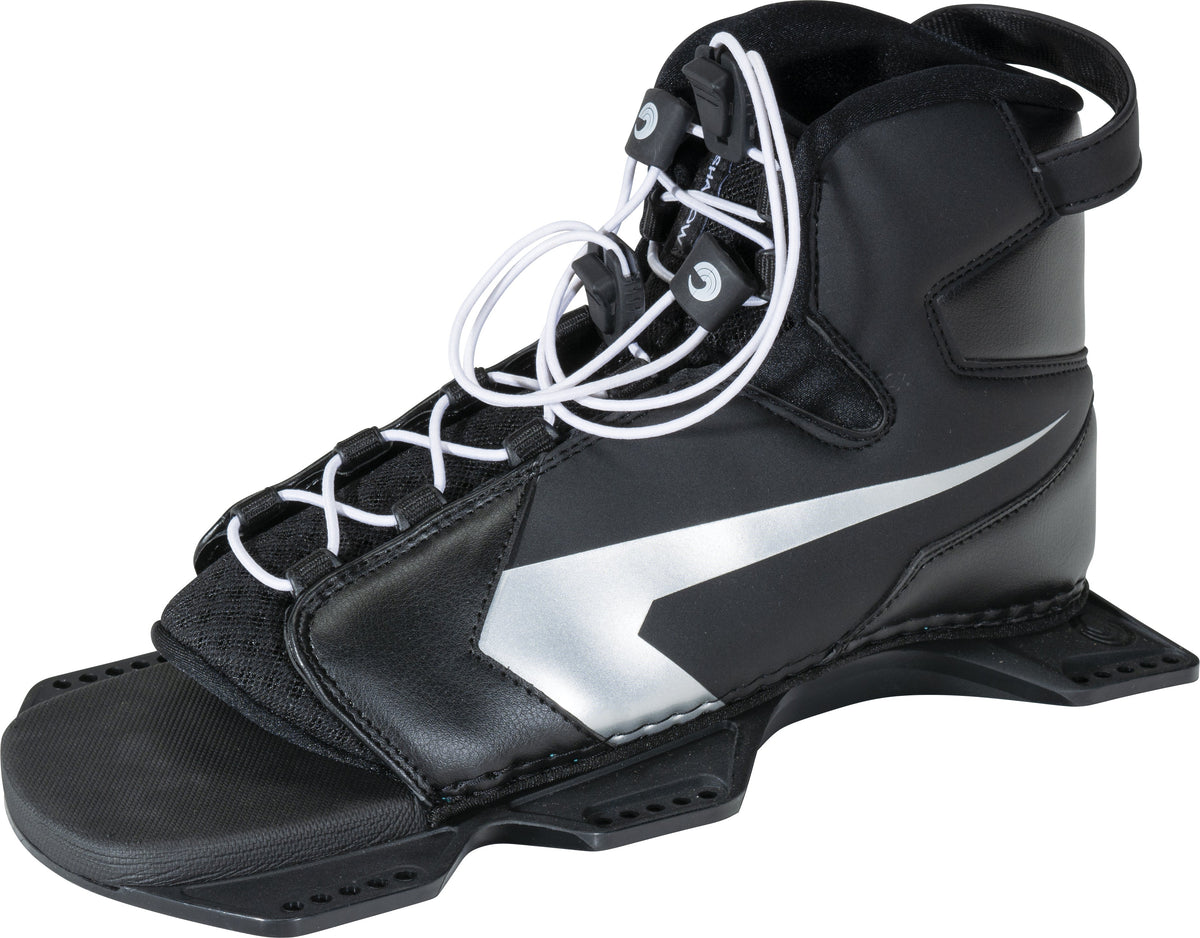 Angled left-side view of the Shadow Front Boot, with black synthetic materials, reinforced stitching, and white lace system.