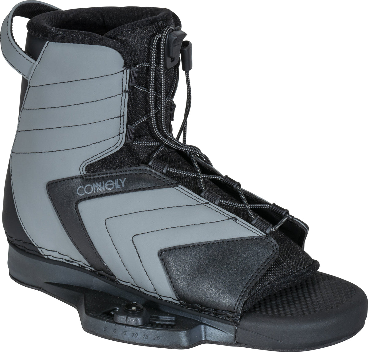 Right angle view of the Optima wakeboard binding, showcasing black and gray design with secure lacing and reinforced support.