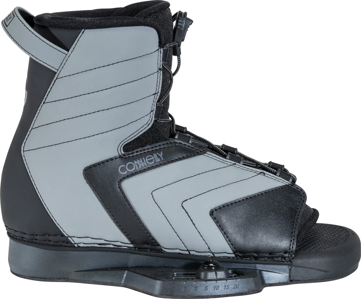 Right outside view of the Optima wakeboard binding with black and gray paneling, ankle strap, and textured footbed for grip.