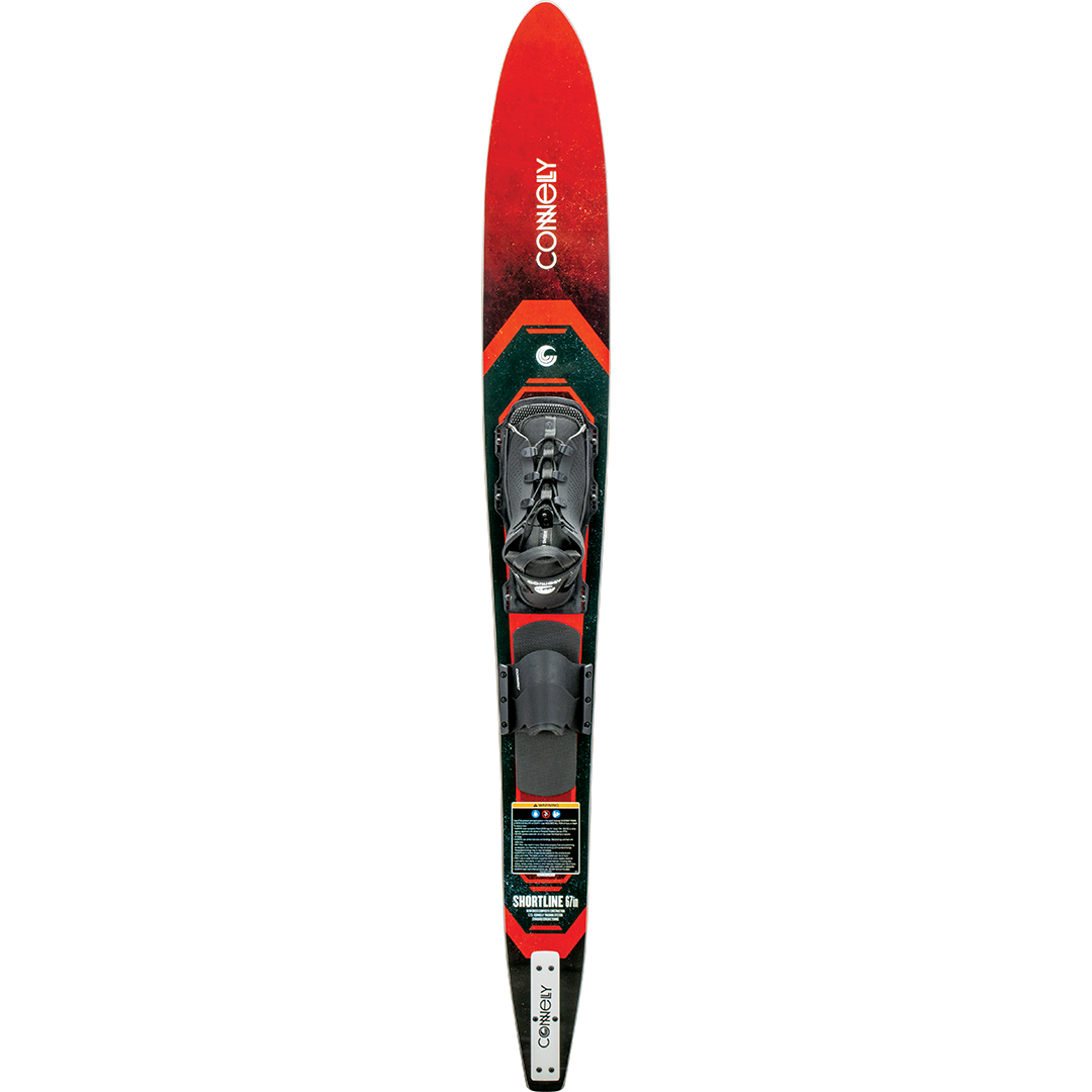 Top of the Shortline ski with a red and black gradient design, featuring a single boot binding and adjustable rear toe plate.
