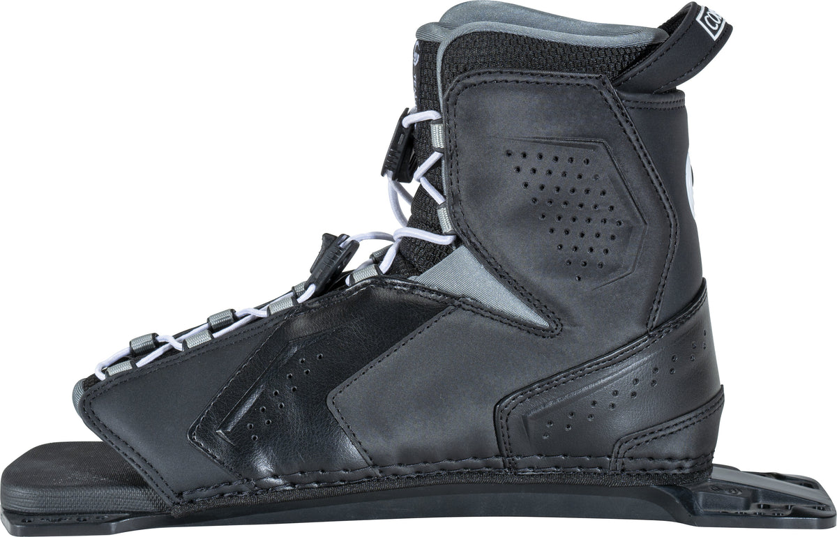 Side profile of the Tempest Rear binding showing the contoured ankle support, reinforced side panels, and cushioned footbed.