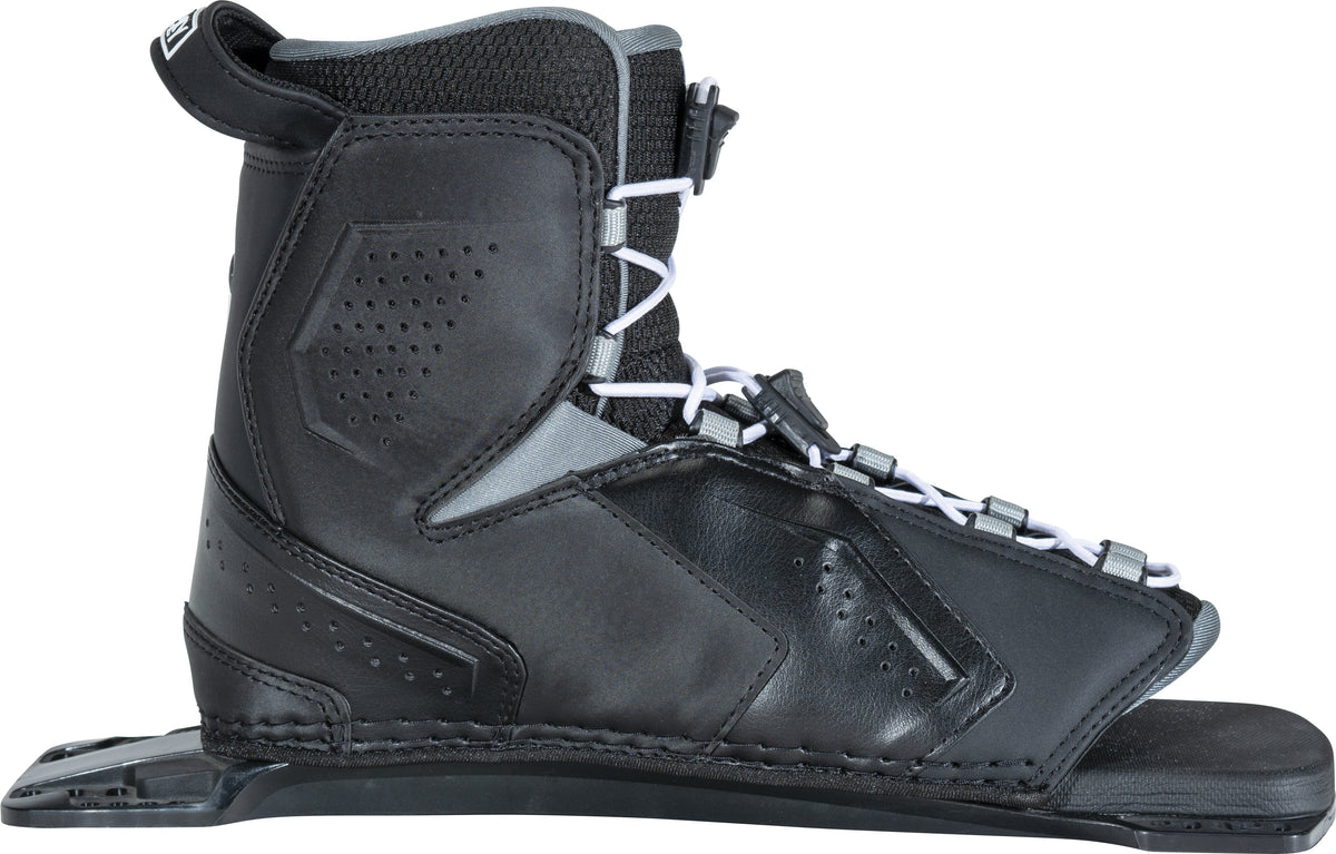 Black Tempest Rear waterski binding with a sturdy structure, perforated side panels, and a white and gray lacing system.