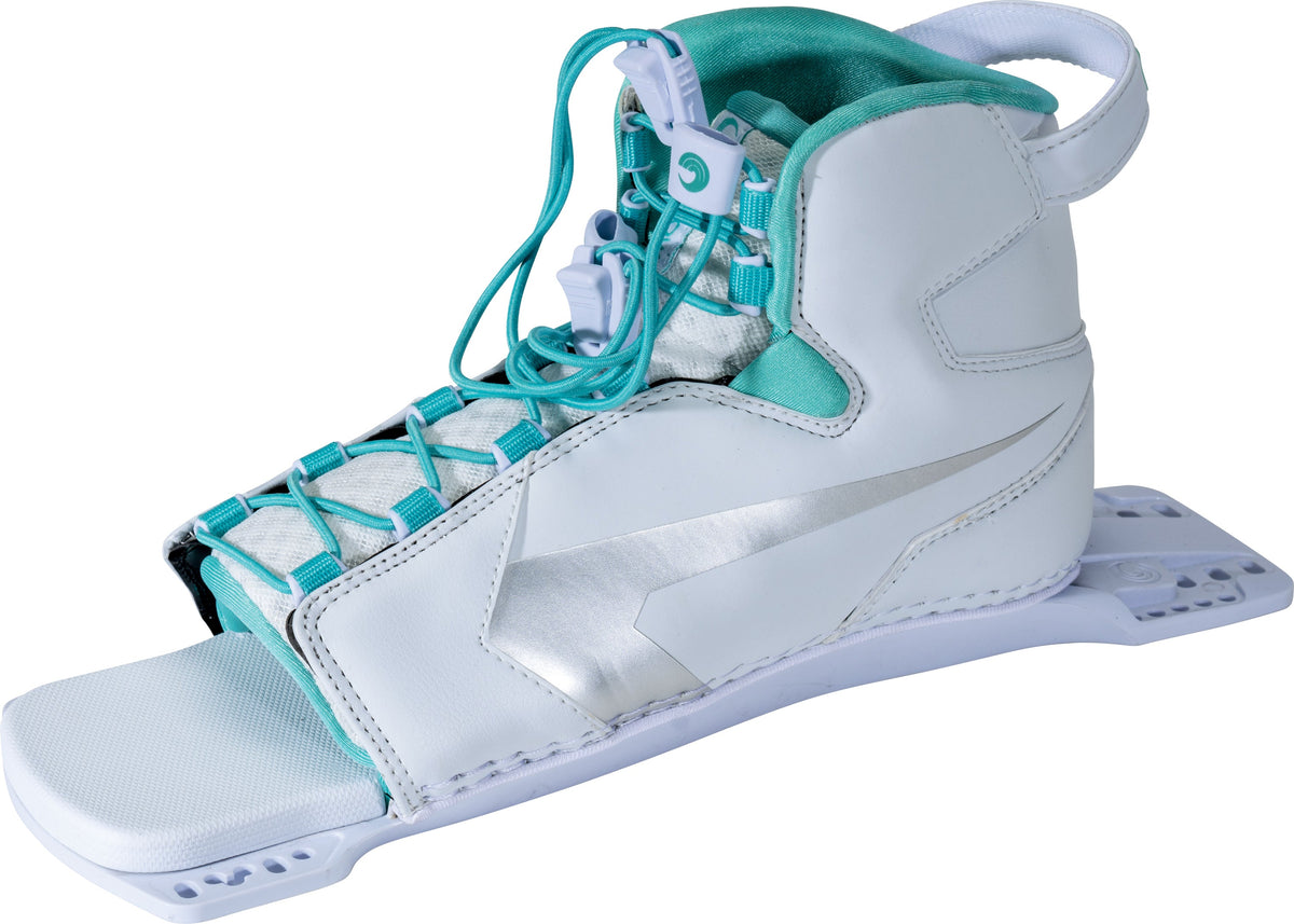 Angled left view of the Women's Shadow Rear, displaying the binding‚Äôs flexible structure and teal inner lining.