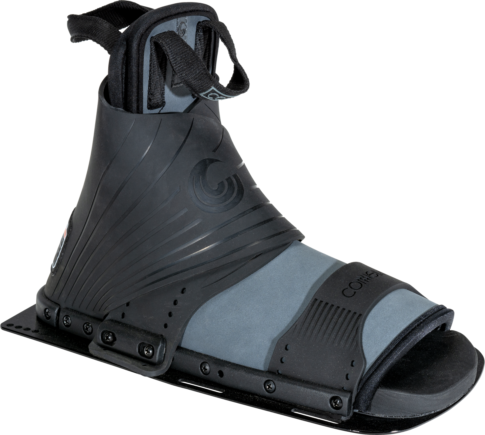 Comp Front black and gray open-toe water ski binding with a tall overlay and adjustable straps for a secure fit.