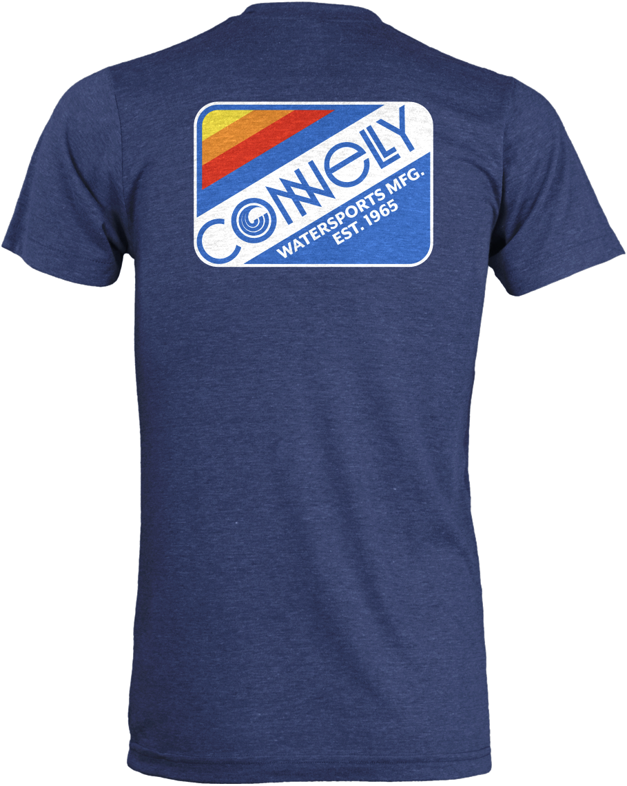 Back view of the MFG Tee in heathered navy blue, featuring a large retro-style logo with red, yellow, and blue accents.
