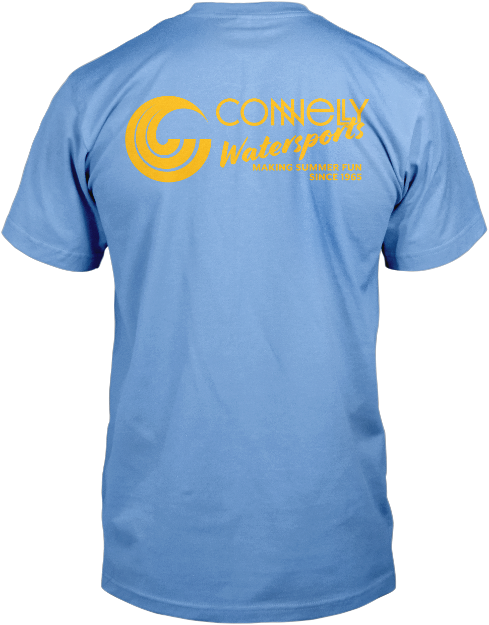 Back of Summer Tee in light blue with a vintage graphic in yellow with the Connelly logo icon and text.
