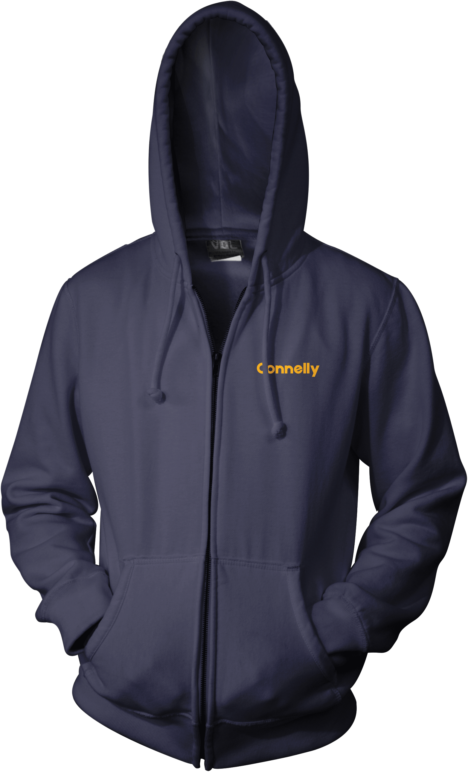 Front view of the Surf Zip Hoodie in navy with a zippered front, drawstring hood, and small yellow logo on the chest.