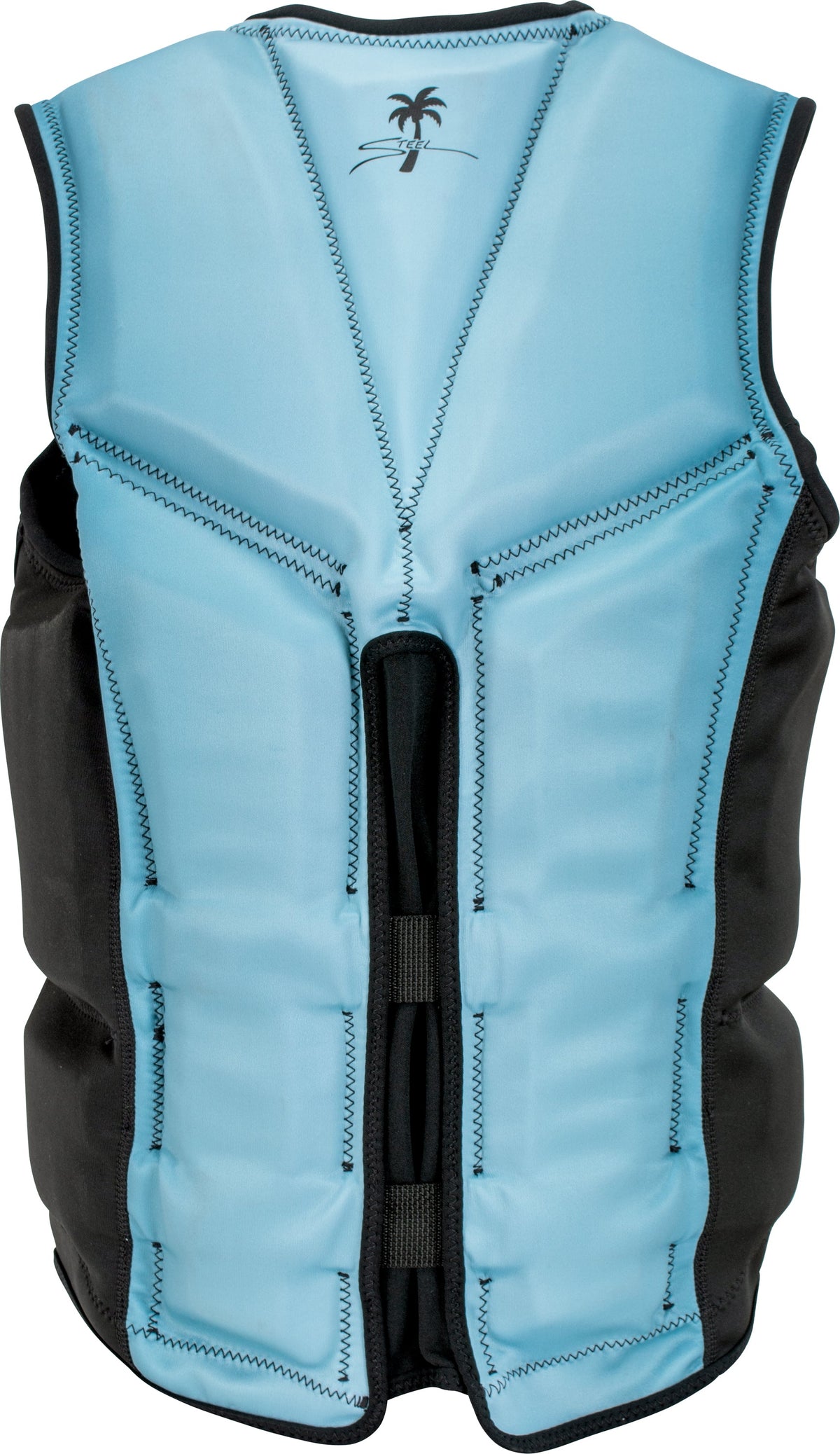 Back of the STEEL NEO vest in light blue with black panels, V-shaped stitching, and black palm tree logo near the collar.