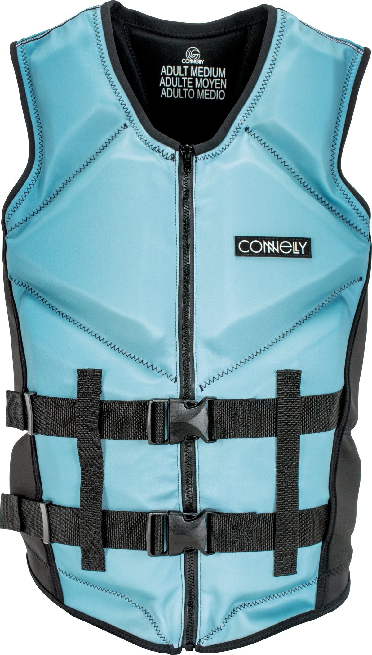 Front view of the STEEL NEO vest in light blue with black accents, zippered closure, and two adjustable straps with buckles.