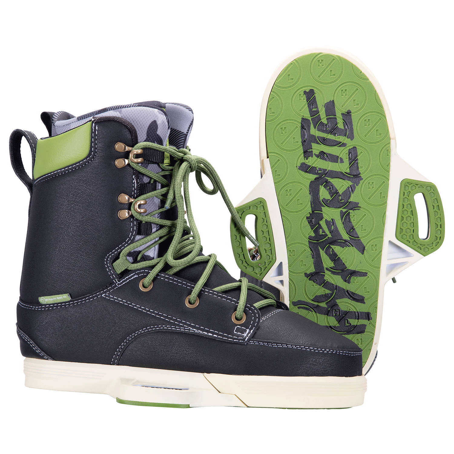Codyak Binding 2023: Black & green boots with camo, a pro liner, and patterned soles.