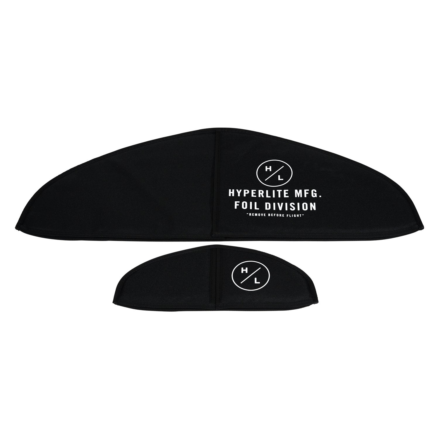 Top view of the Foil Wing Cover Set for Booster and Commander with black sleeves and printed logos.