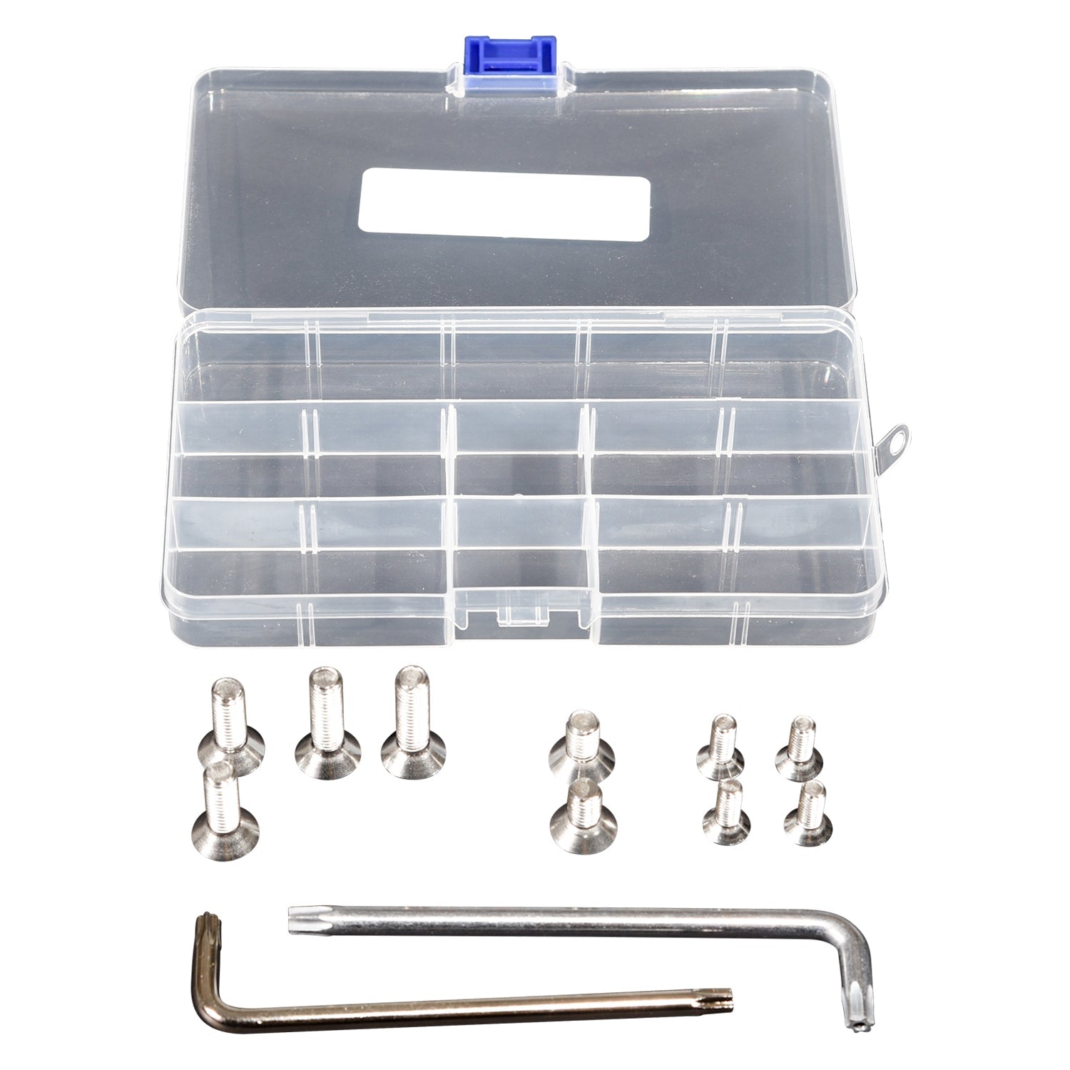 Top view of the Carbon Foil Mast Hardware Kit with open case, bolts, and tools arranged below.