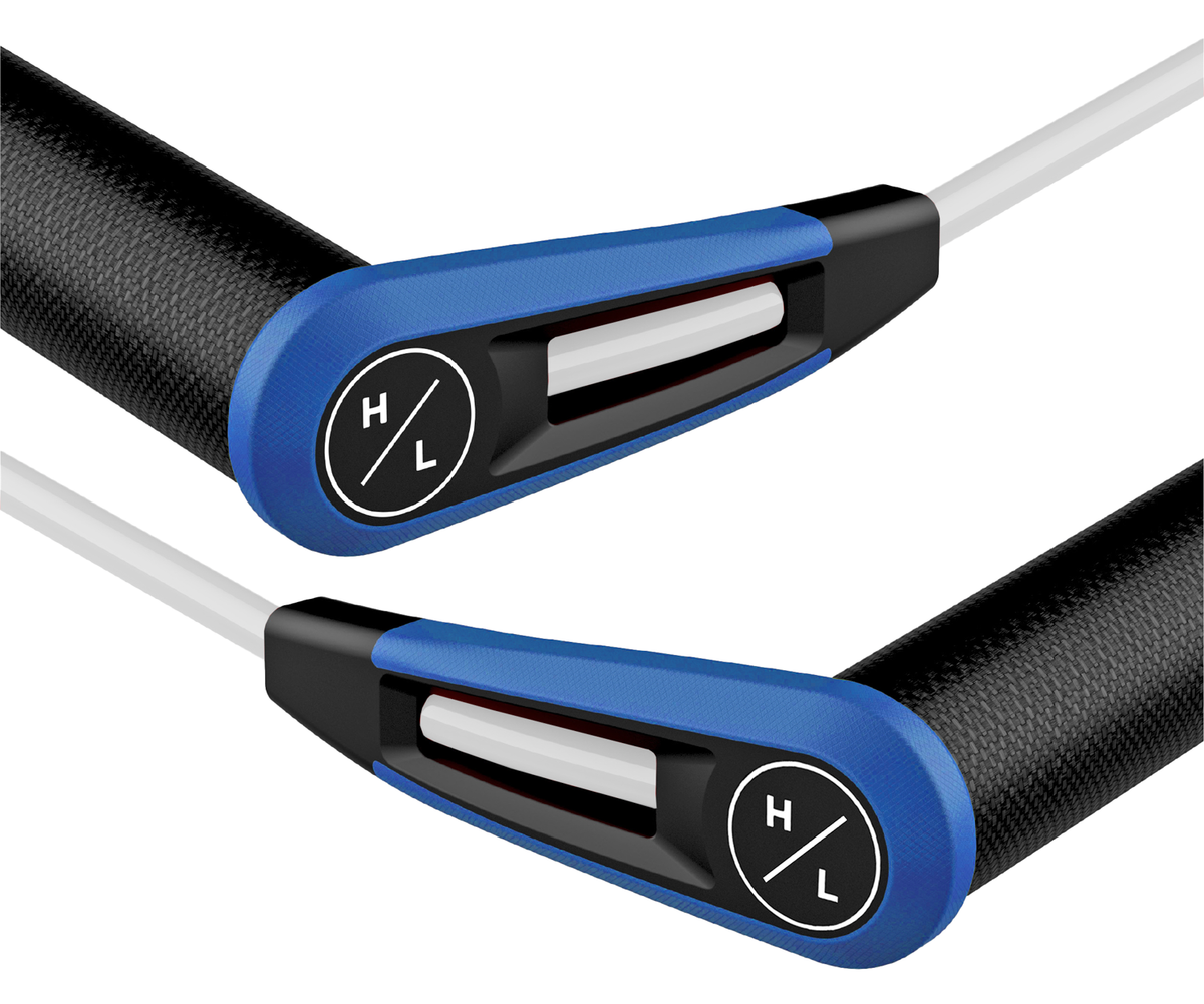 Two blue/black suede grips with H & L tension indicators in Team Rope Package.