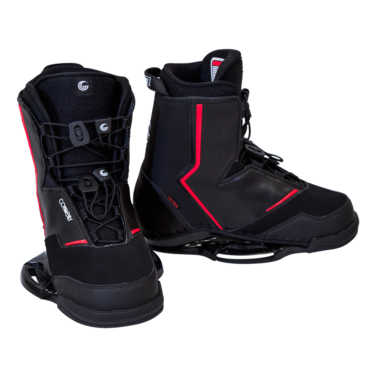 Pair of Faction wakeboard bindings with black boots, red accents, lace-up system, and flexible yet supportive design.