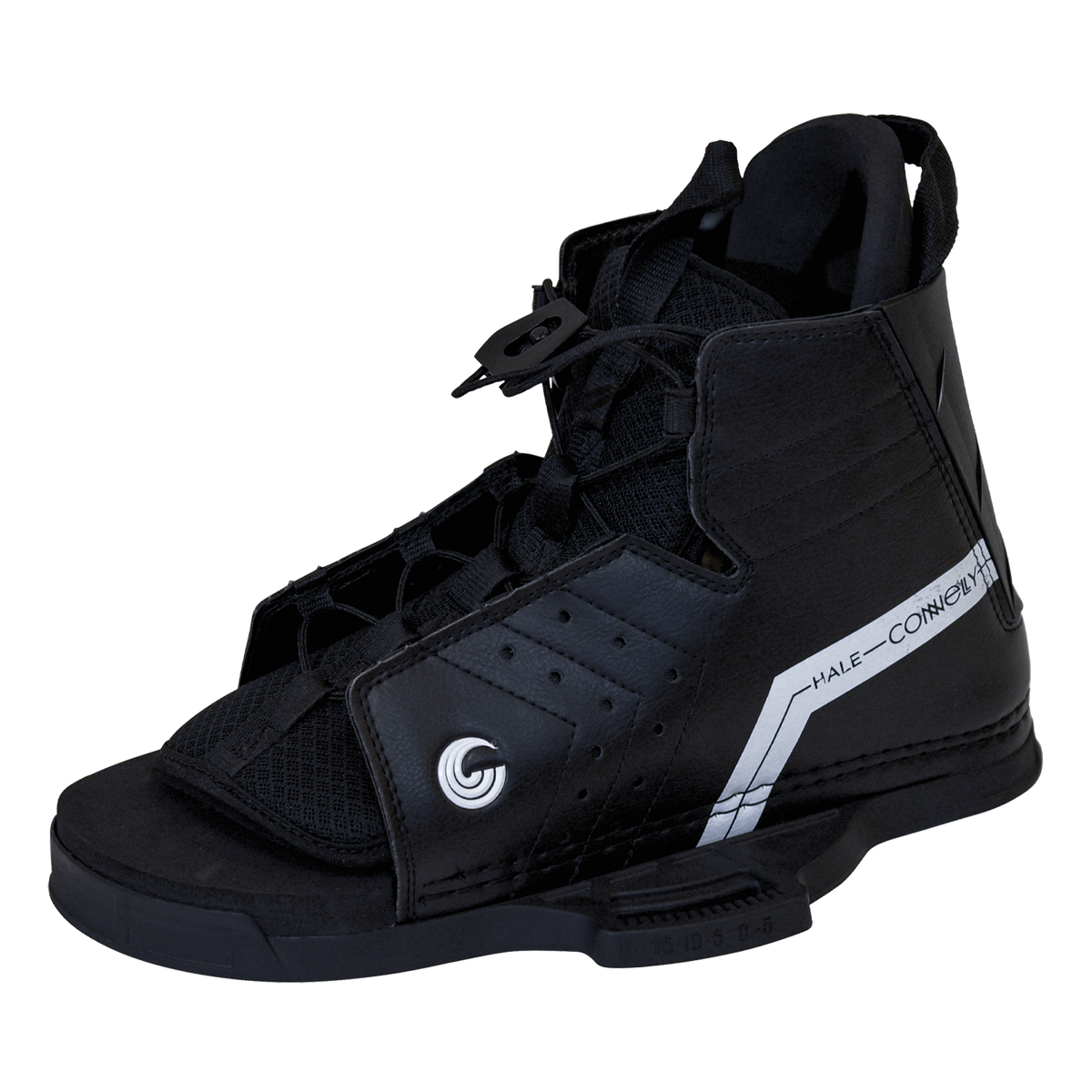 Angled front view of the Hale wakeboard binding highlighting the open-toe construction and secure lacing system.