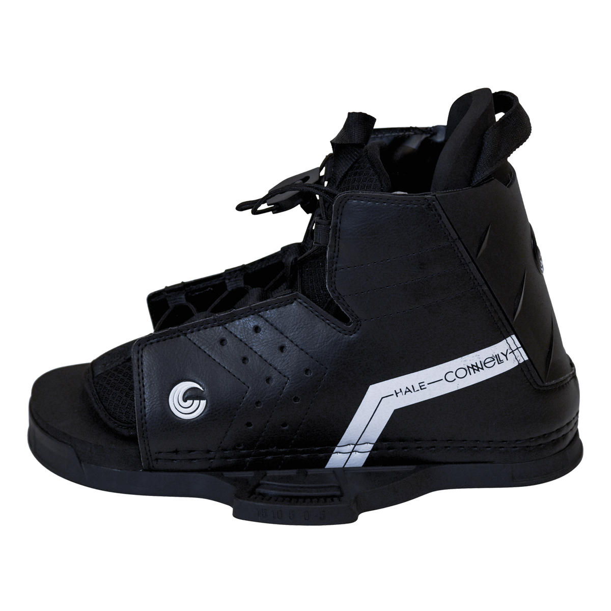 Side view of the Hale wakeboard binding in black with white accents, featuring an open-toe design and lace-up closure.