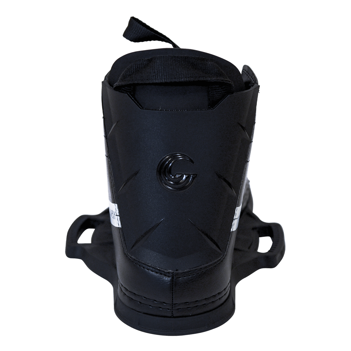 Rear view of the Hale wakeboard binding with a black heel support, pull strap, and embossed logo.