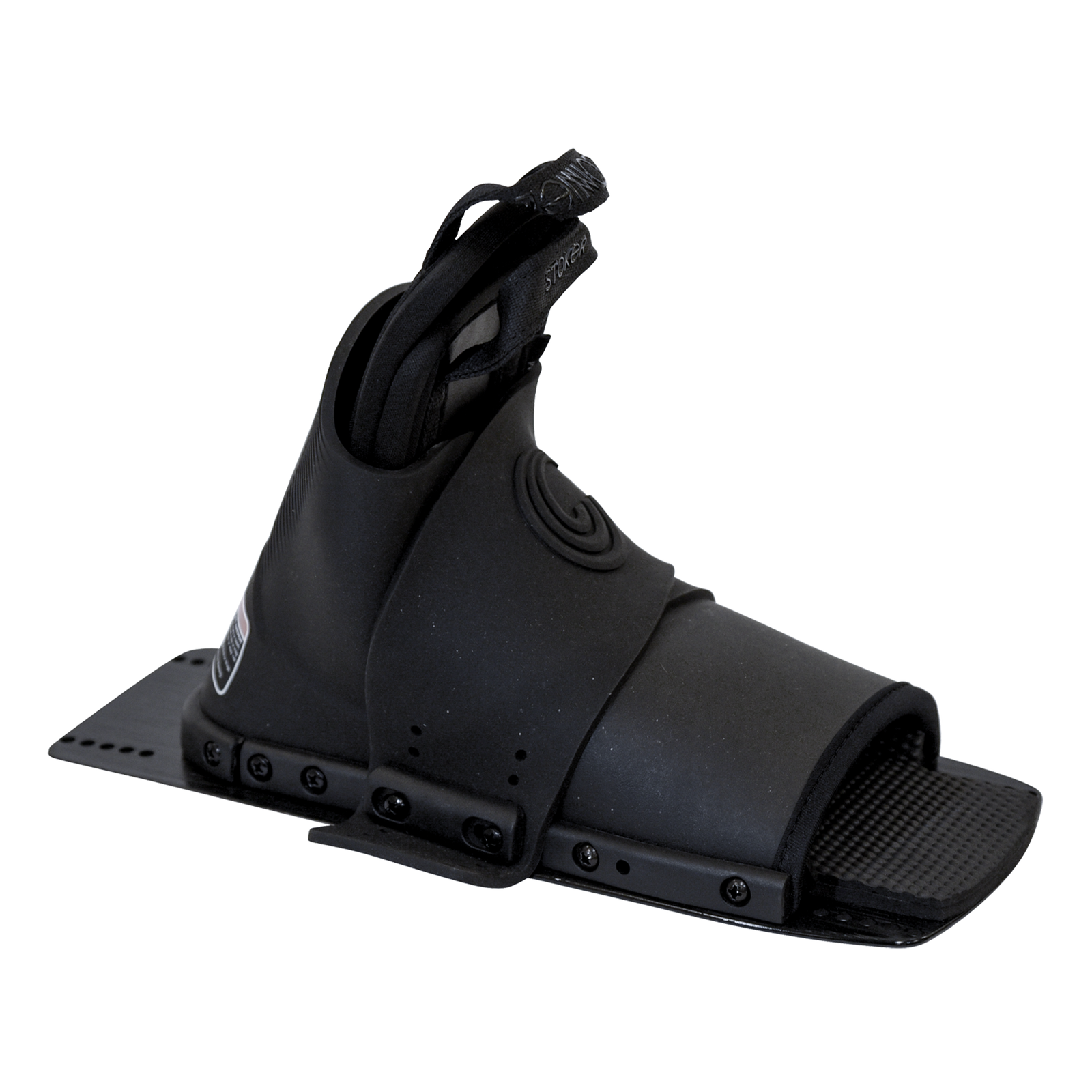 Angled view of the Stoker Rear binding in black, showcasing the ergonomic design, open-toe fit, and secure fastening system.