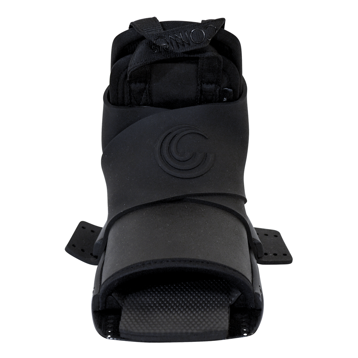 Front view of the Stoker Rear binding in black, featuring an open-toe design, embossed logo, and cushioned footbed.