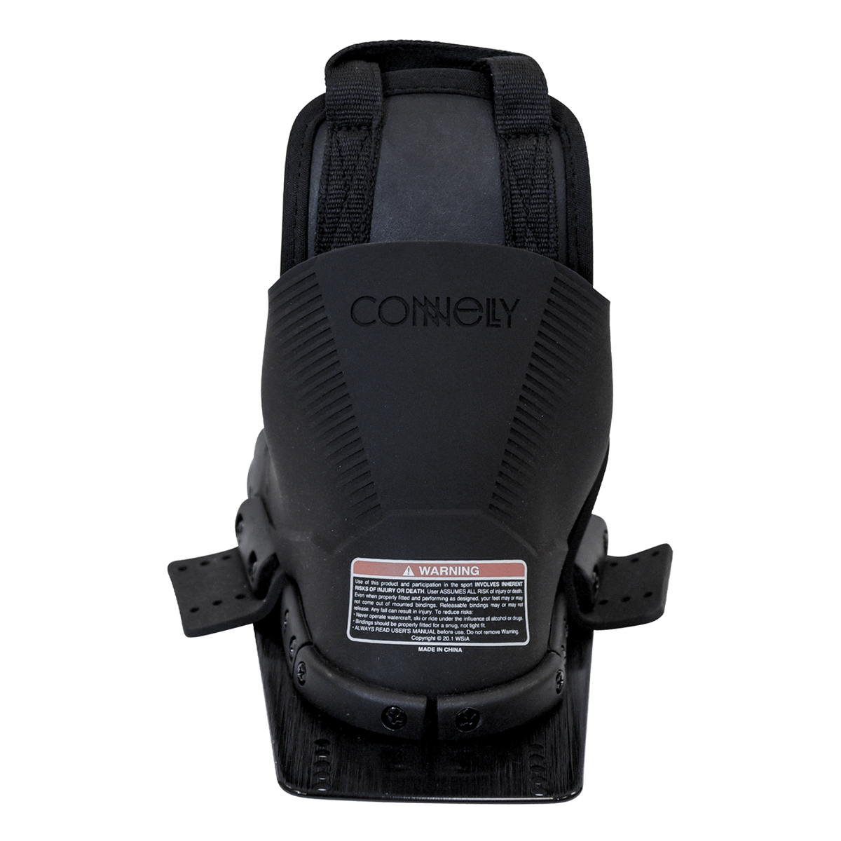 Back view of the Stoker Rear binding in black with an embossed logo, adjustable straps, and a warning label on the heel.