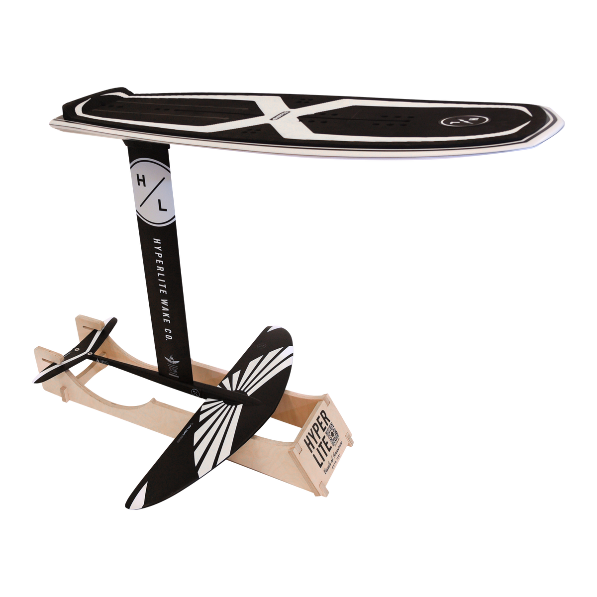 Foil Display Stand showcasing Hyperlite Foil with a wooden base.