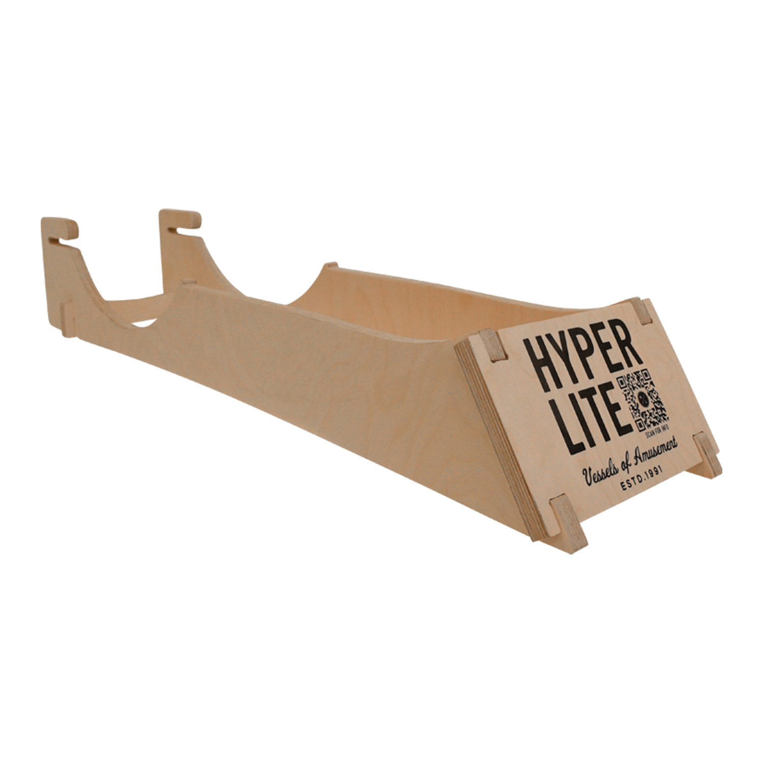 Wooden sled, Hyper Lite on side, displayed on a Foil Display Stand.
