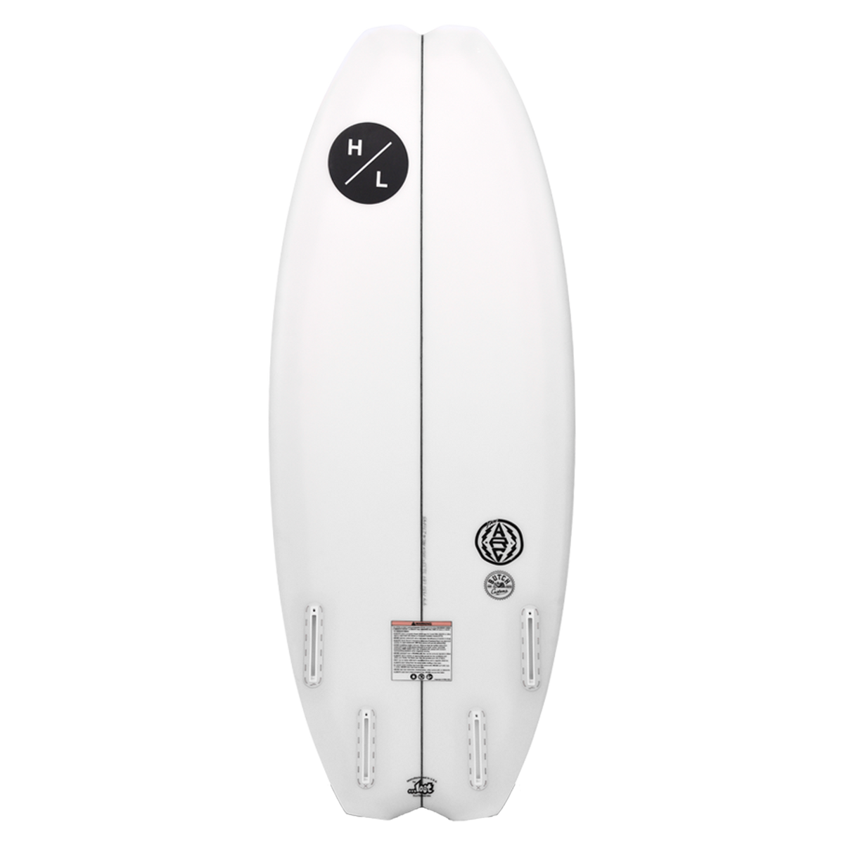 The ARC by Lost Surfboards, white with black logo and quad fin, viewed from the top.