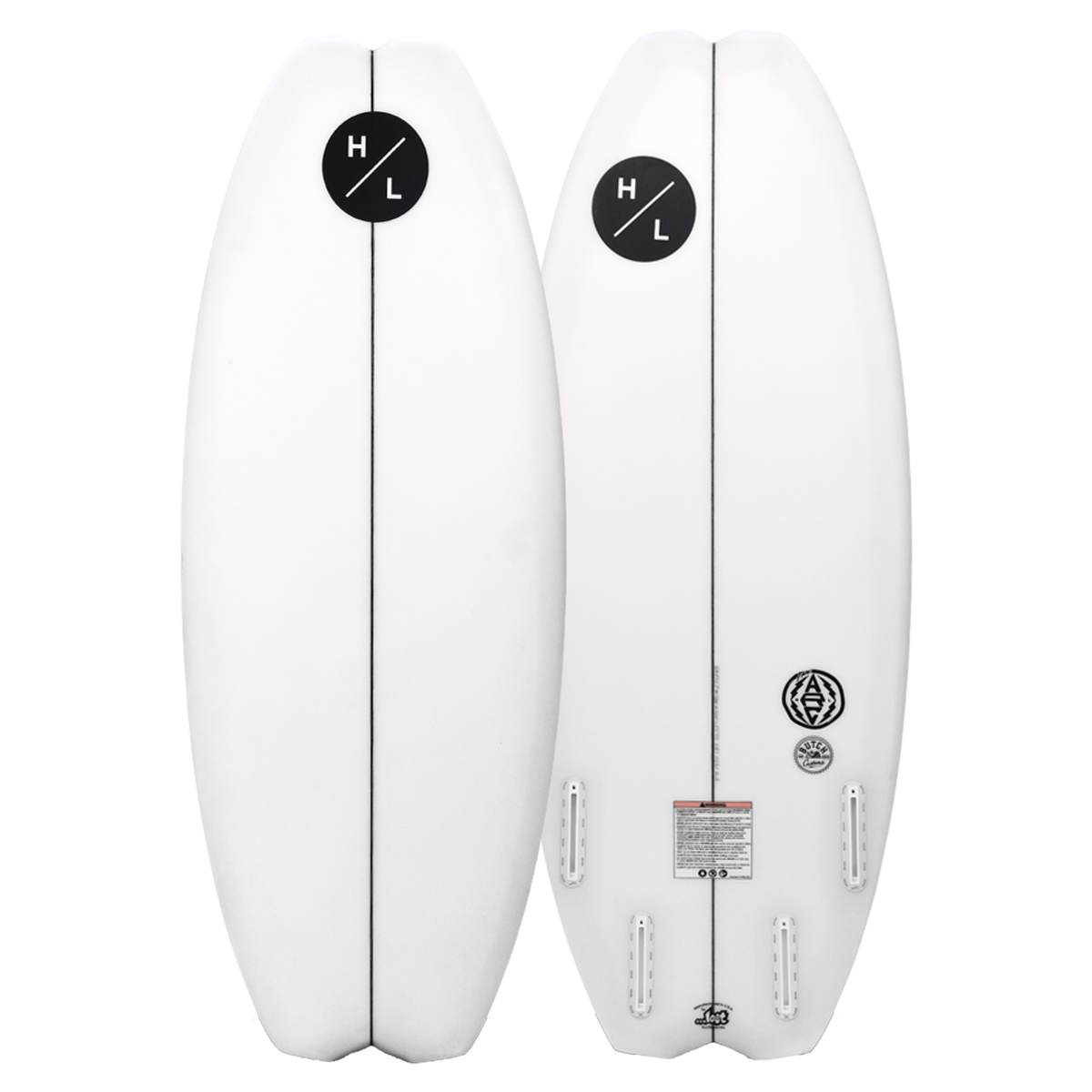 Top and base of white ARC wakeboard with black logos and multiple quad fin slots.