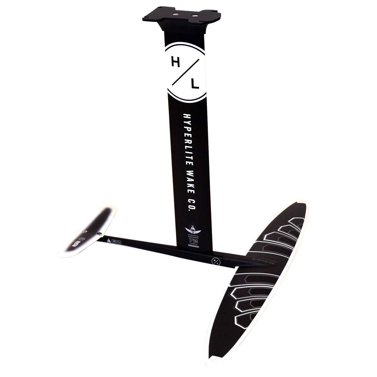 Raptor 1100 Foil Kit: Black and white hydrofoil with Hyperlite Wake Co. on the aluminum mast.