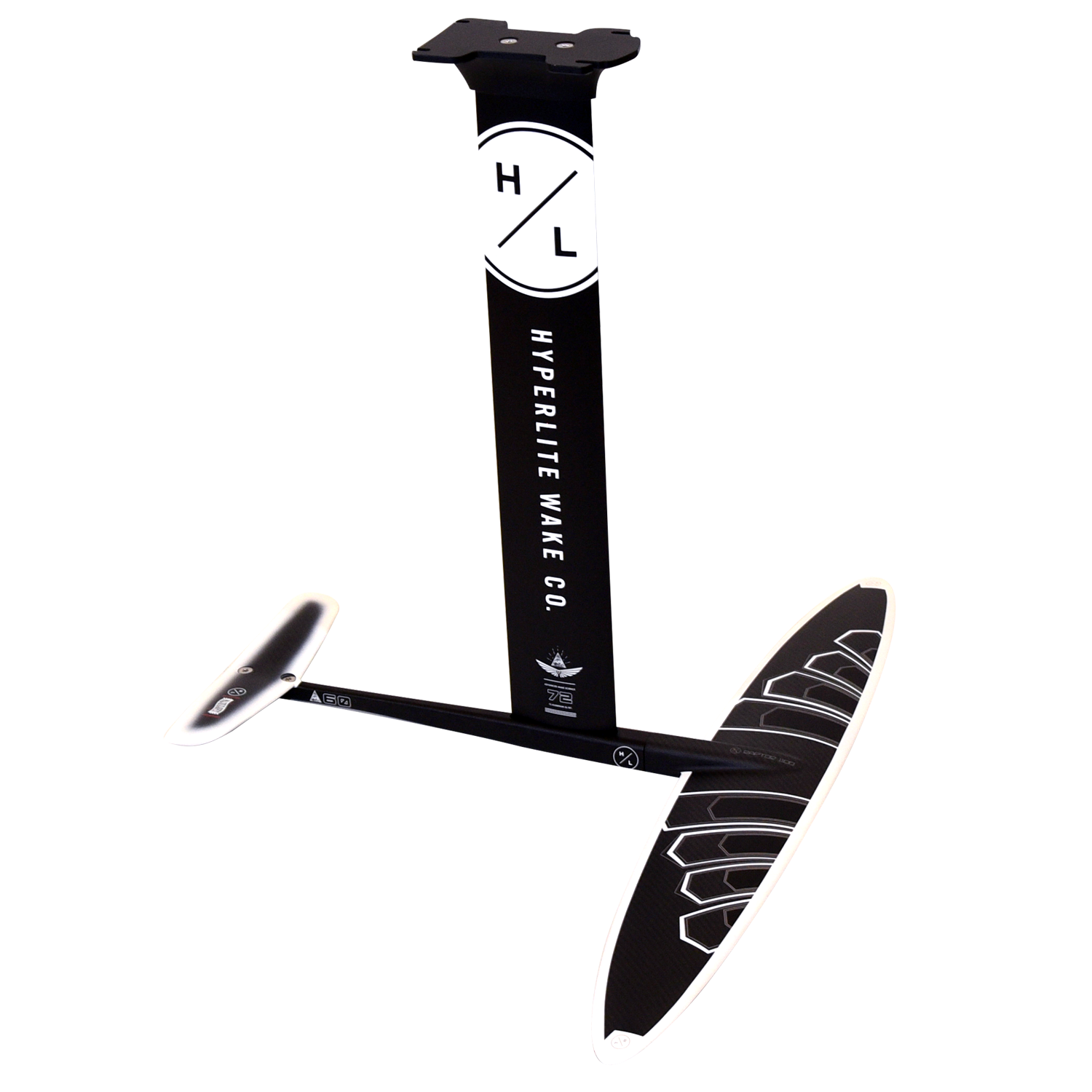 Raptor 1100 Foil Kit: Black and white hydrofoil with Hyperlite Wake Co. on the aluminum mast.