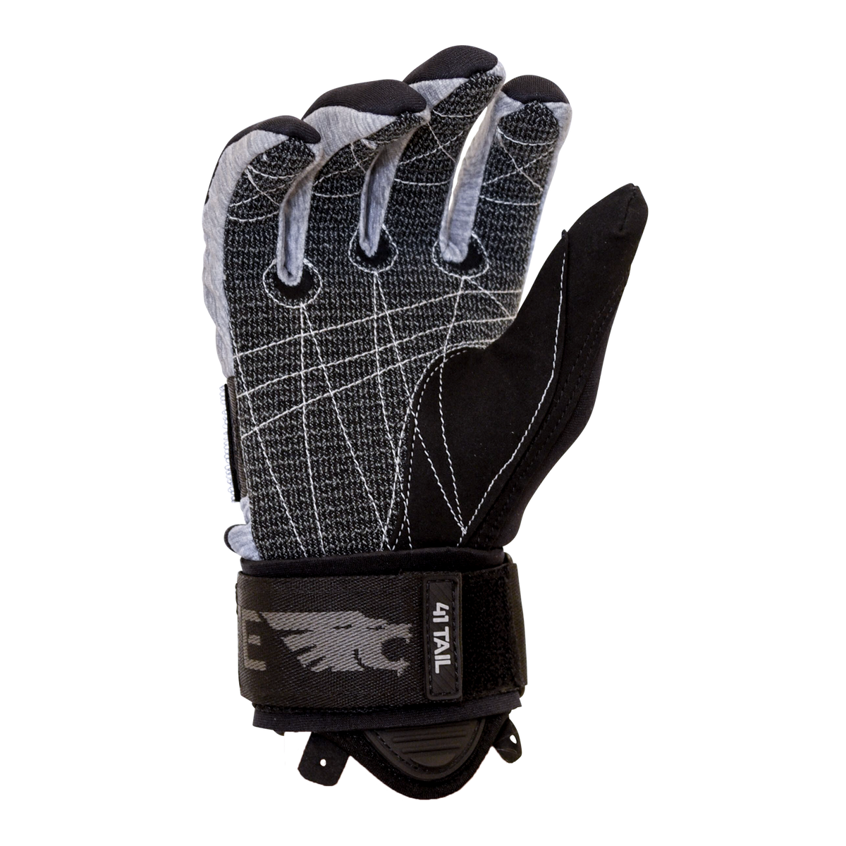 Palm view of the 41 Tail Glove, featuring a black and gray textured grip with white stitching and open finger gussets.