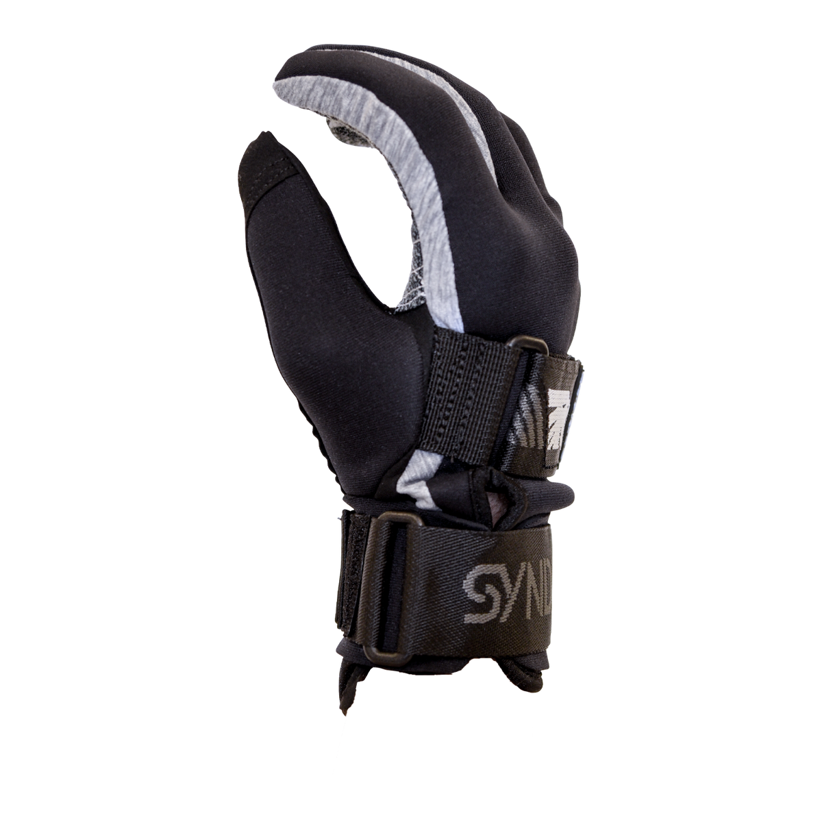 Side view of the 41 Tail Glove, a black and gray water ski glove with a curved design, wrist strap, and Syndicate branding.