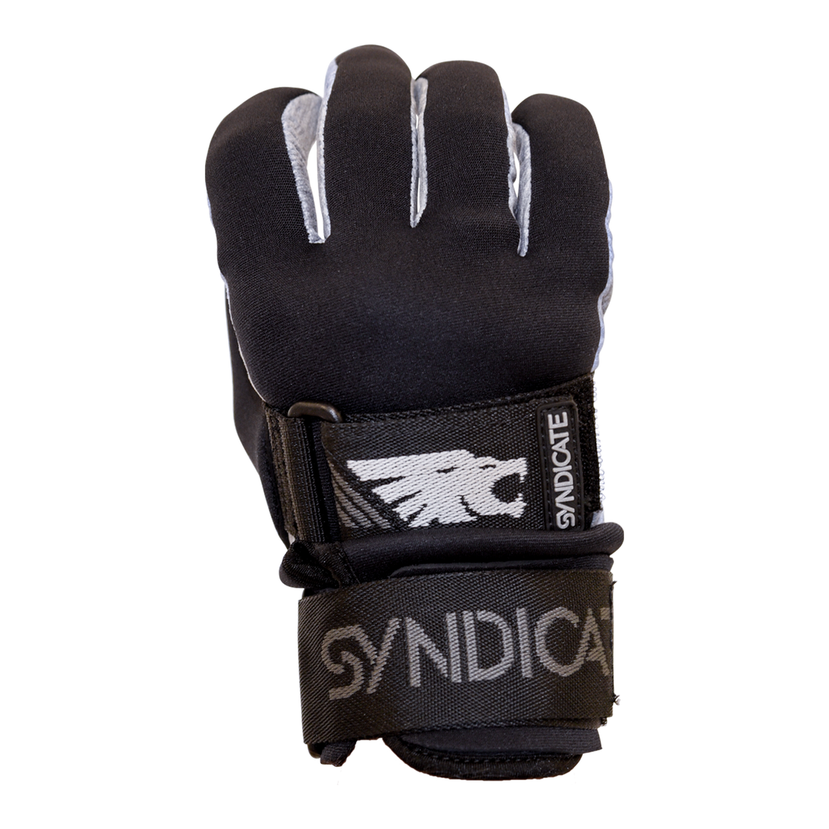 Front view of the 41 Tail Glove, a black water ski glove with reinforced stitching, a wrist strap, and Syndicate logo.