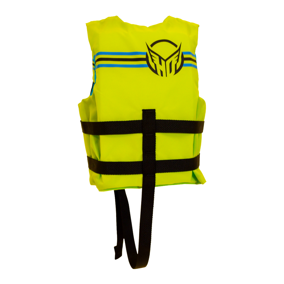 Back view of Child Hot Shot Vest in yellow with black straps, blue stripes, HO Sports logo, and a black vertical leg strap.