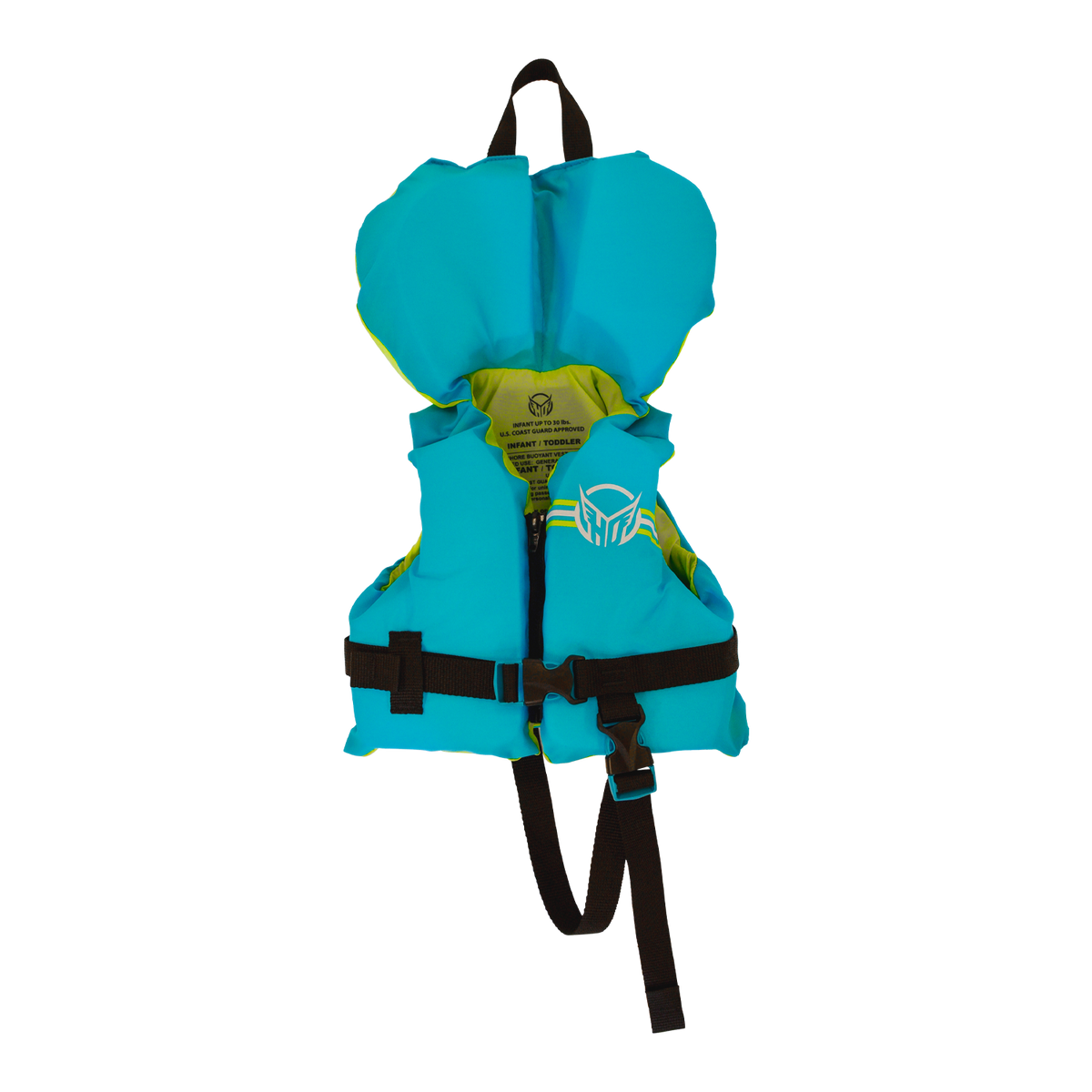 Front view of the Toddler Hot Shot Vest, a blue and yellow life vest with a zipper, buckle straps, and a head support flap.