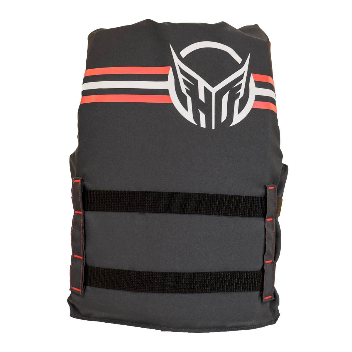 Back view of Youth Hot Shot Vest in black with red and white stripe details and a large HO Sports logo.