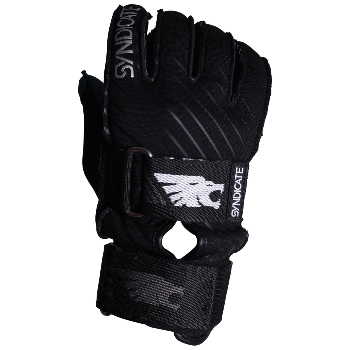 Angled view of the black Syndicate Connect Inside Out glove with diagonal accents and dual adjustable wrist straps.