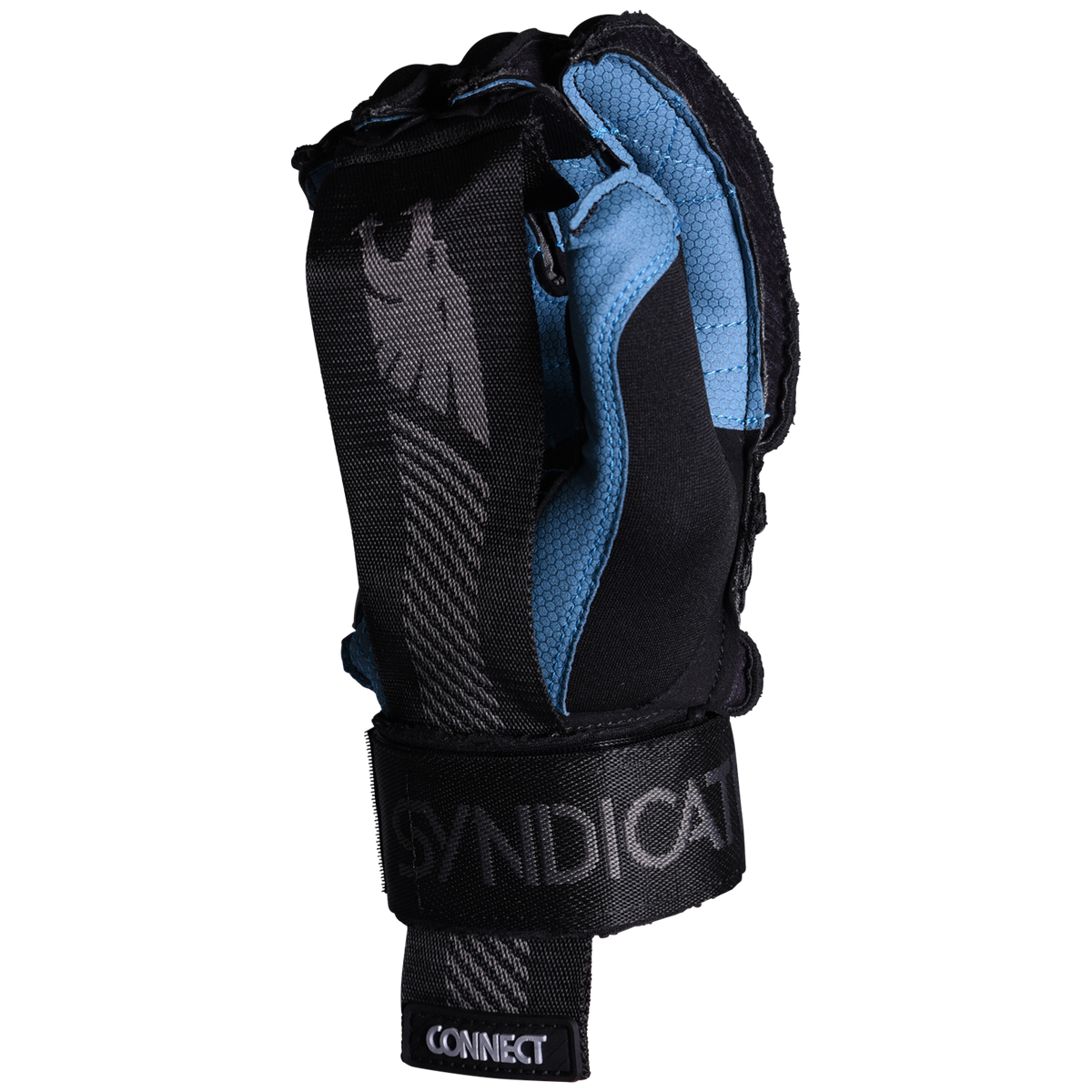 Palm view of the Syndicate Connect Inside Out glove, highlighting the blue grip, flexible fingers, and secure wrist closure.